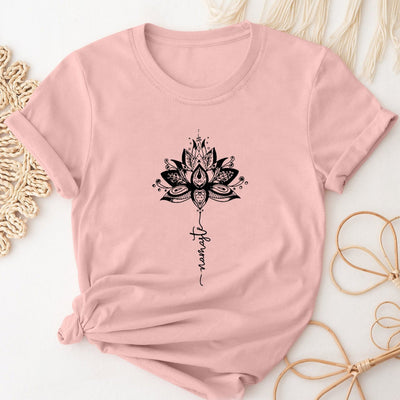 Olivenorma – Kurzärmliges T-Shirt mit Rundhalsausschnitt und Lotus- und Buchstabendruck