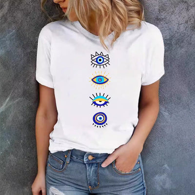 Olivenorma – Weißes T-Shirt mit „Blauem Bösen Blick“-Print