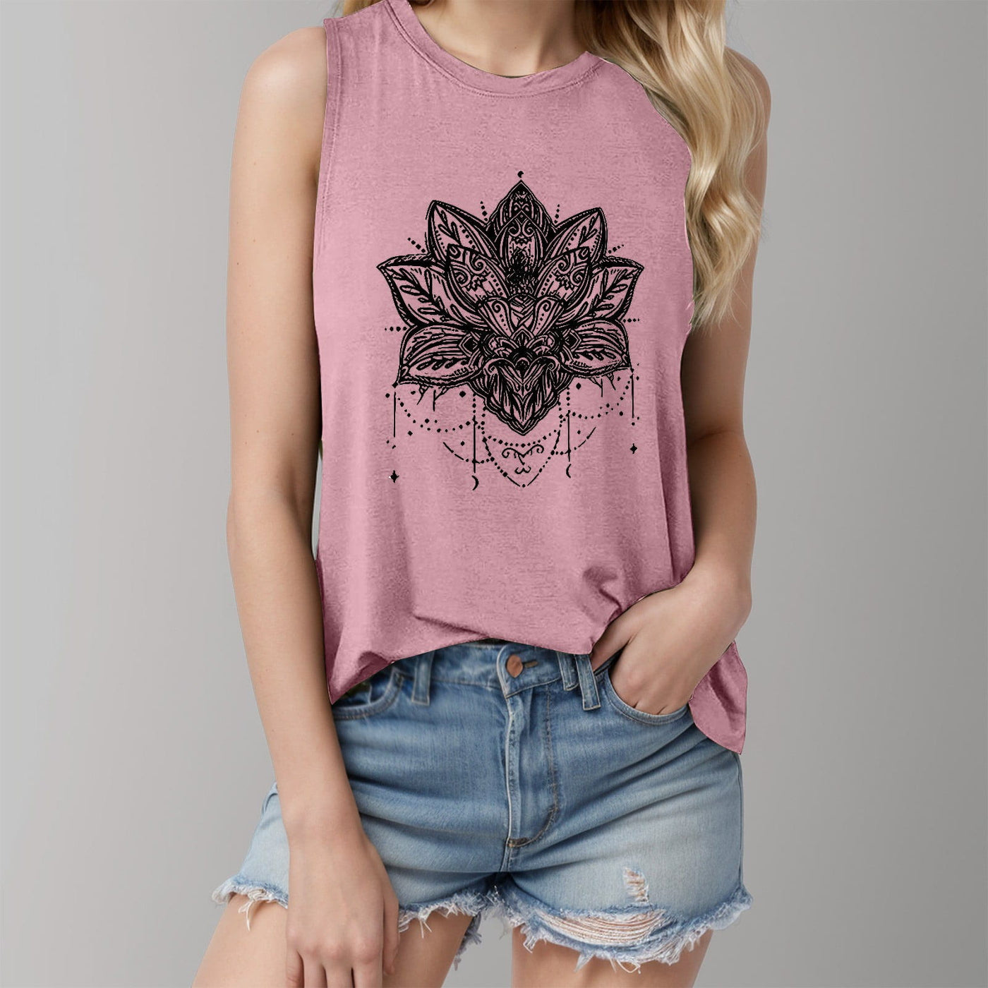 Olivenorma – Ärmelloses, großes Trägershirt mit Lotus-Print