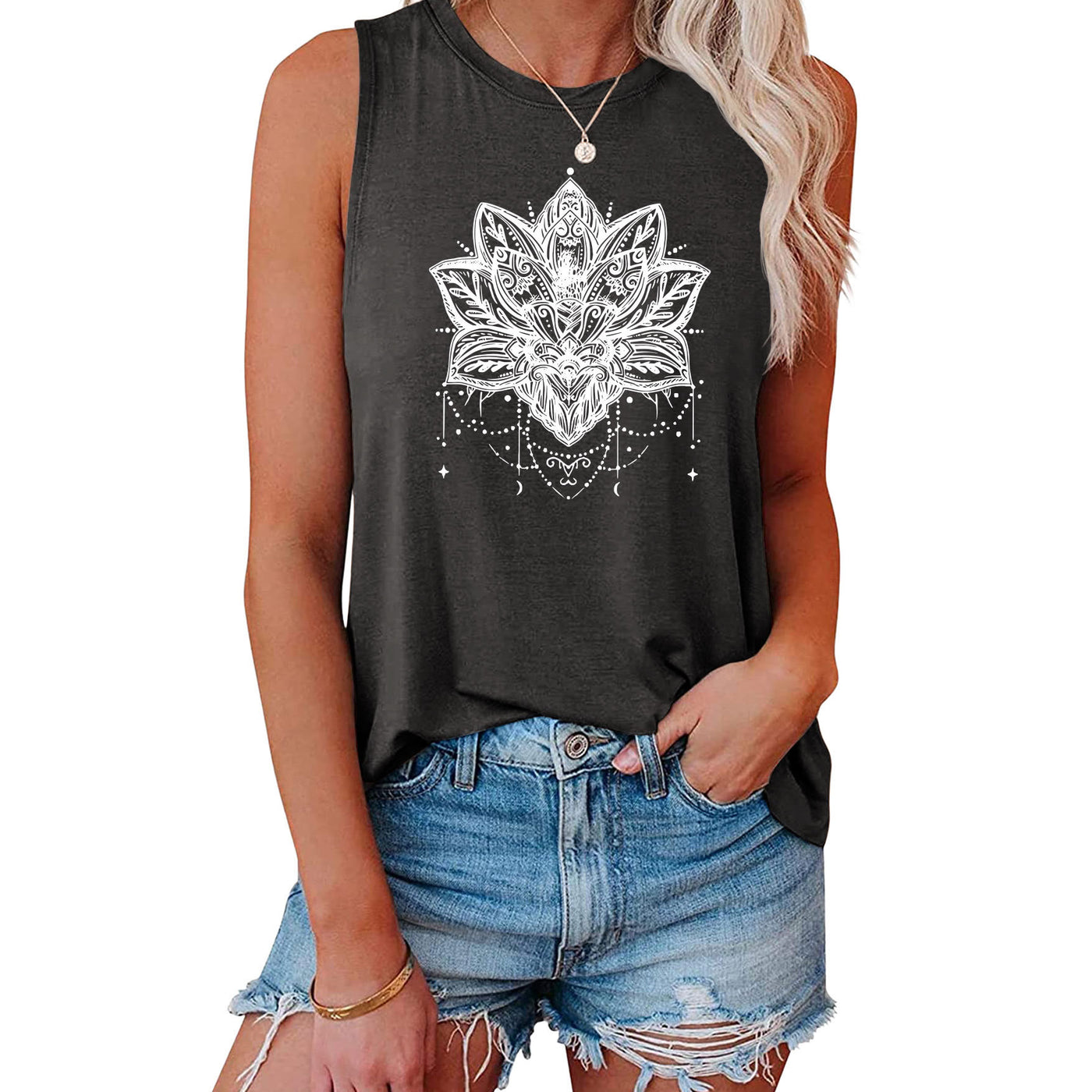 Olivenorma – Ärmelloses, großes Trägershirt mit Lotus-Print