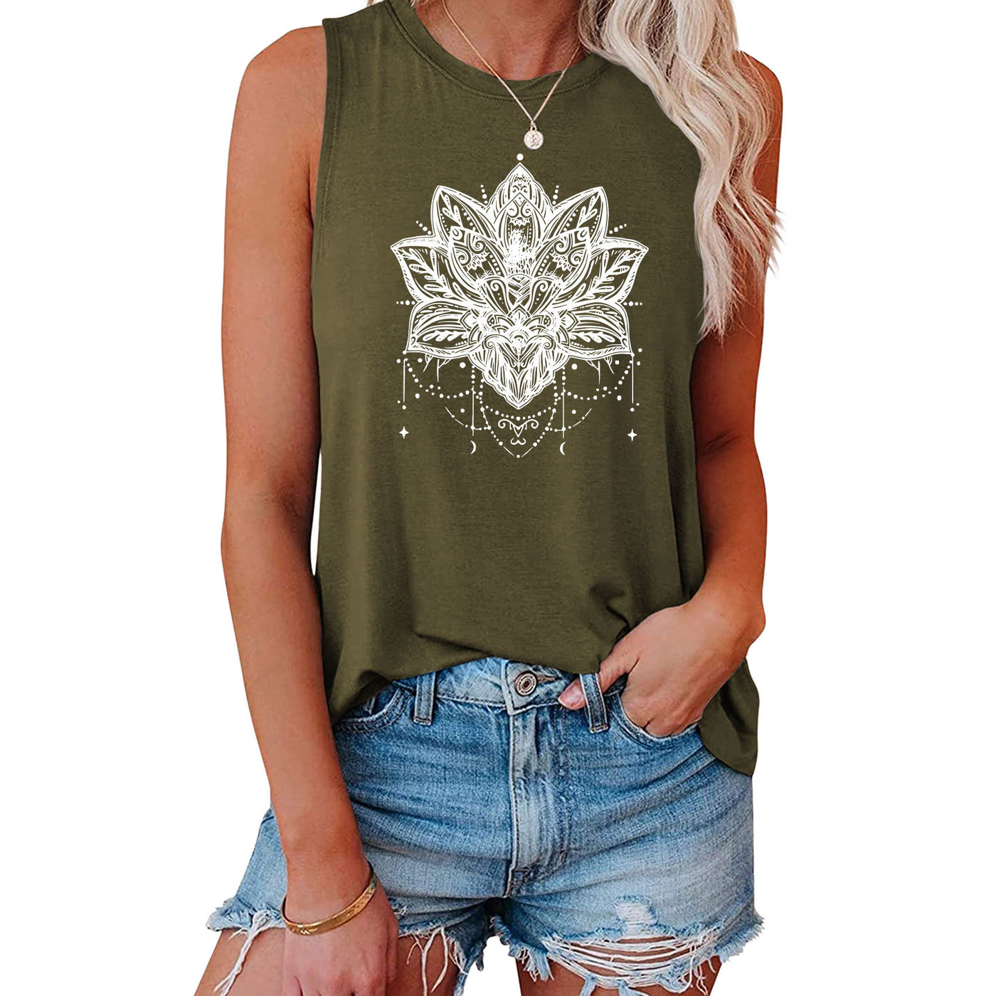 Olivenorma – Ärmelloses, großes Trägershirt mit Lotus-Print