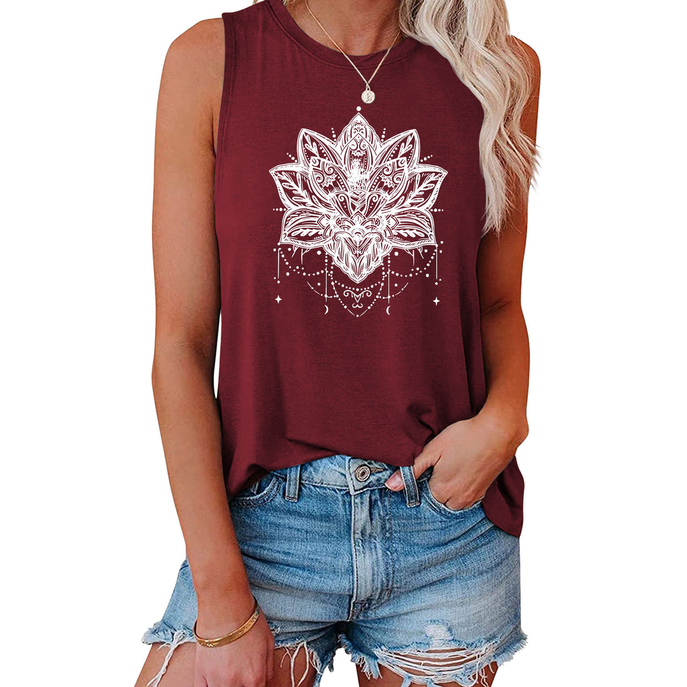 Olivenorma – Ärmelloses, großes Trägershirt mit Lotus-Print