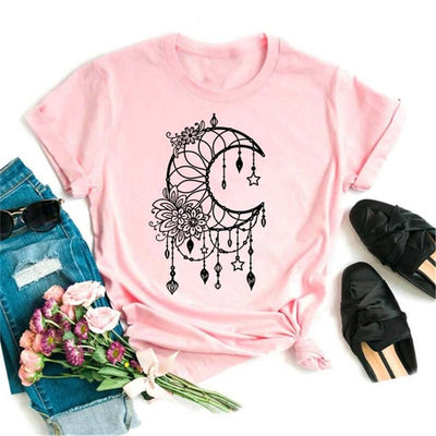 Olivenorma Polyester T-Shirt mit schwarzem Mond-Lotus-Aufdruck in Rosa