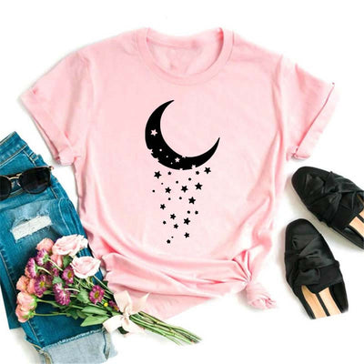 Olivenorma Polyester T-Shirt mit schwarzem Mond-Lotus-Aufdruck in Rosa
