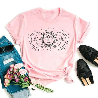 Olivenorma Polyester T-Shirt mit schwarzem Mond-Lotus-Aufdruck in Rosa