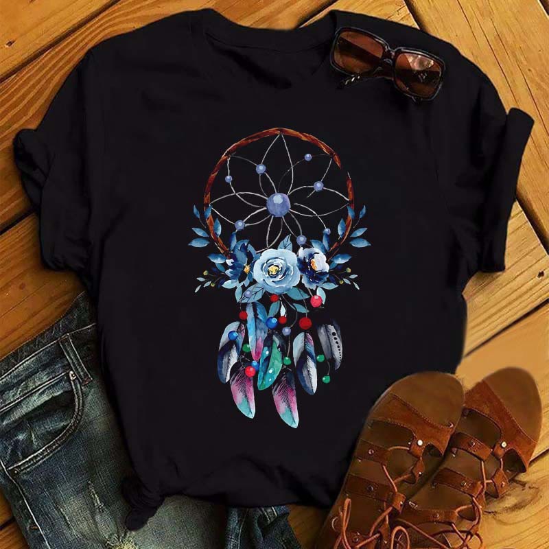 Olivenorma – Schwarzes T-Shirt aus Baumwolle mit Traumfänger-Aufdruck