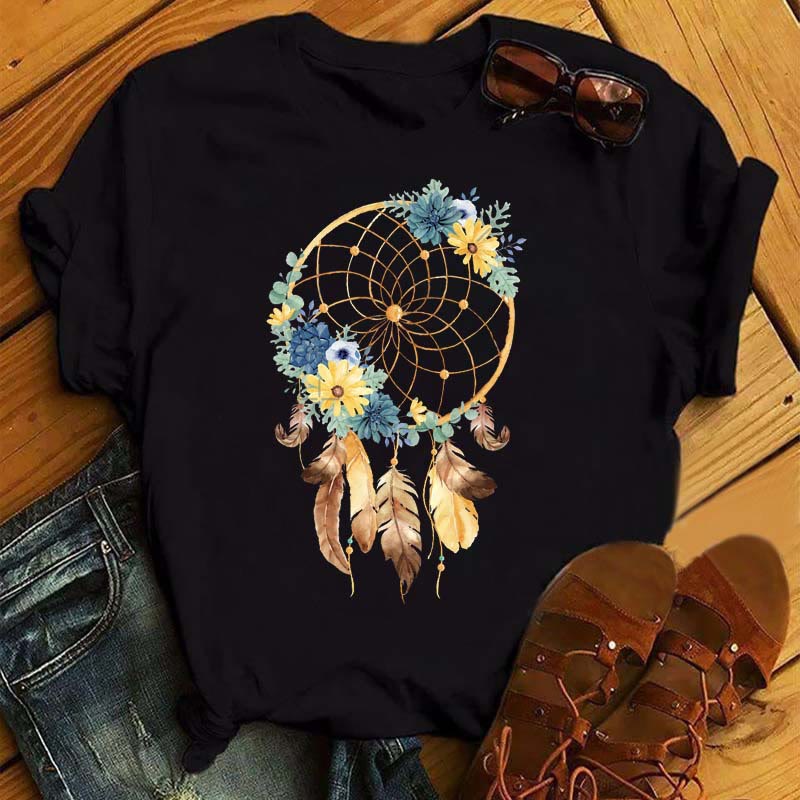 Olivenorma – Schwarzes T-Shirt aus Baumwolle mit Traumfänger-Aufdruck