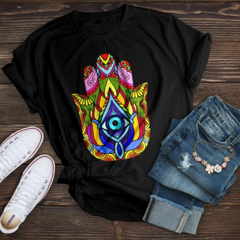 Olivenorma T-Shirt aus Baumwolle mit Hamsa-Böse-Augen-Aufdruck