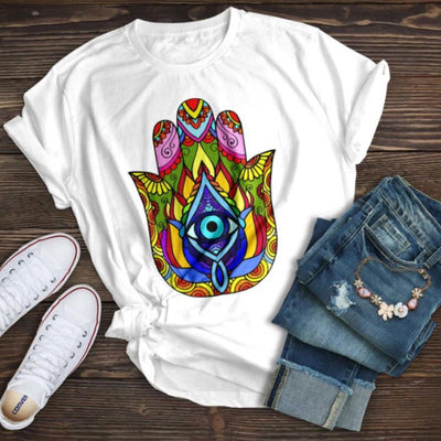 Olivenorma T-Shirt aus Baumwolle mit Hamsa-Böse-Augen-Aufdruck