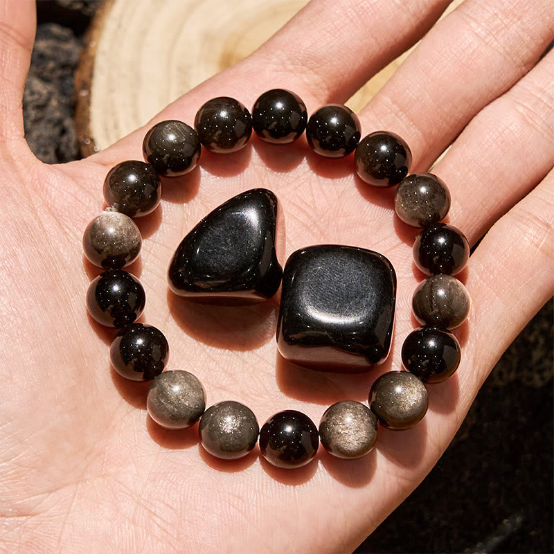 Olivenorma Armband mit Perlen aus natürlichem Silberobsidian, 6/8/10 mm