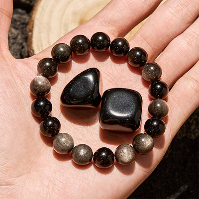Olivenorma Armband mit Perlen aus natürlichem Silberobsidian, 6/8/10 mm
