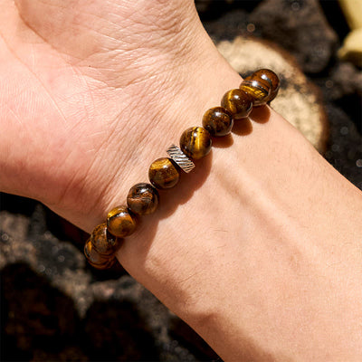 Olivenorma Perlenarmband aus natürlichem Tigerauge und Metall