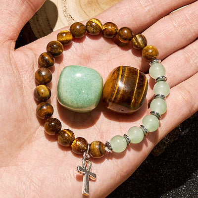 Olivenorma Armband mit Kreuzanhänger aus Tigerauge und grünem Aventurin