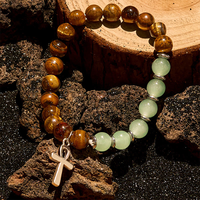 Olivenorma Armband mit Kreuzanhänger aus Tigerauge und grünem Aventurin