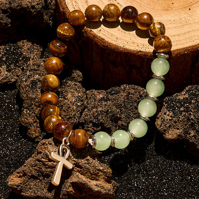Olivenorma Armband mit Kreuzanhänger aus Tigerauge und grünem Aventurin