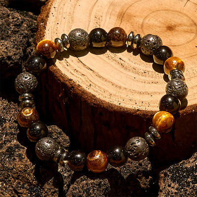 Olivenorma Tigerauge-Obsidian-Hämatit-Rollperlenarmband