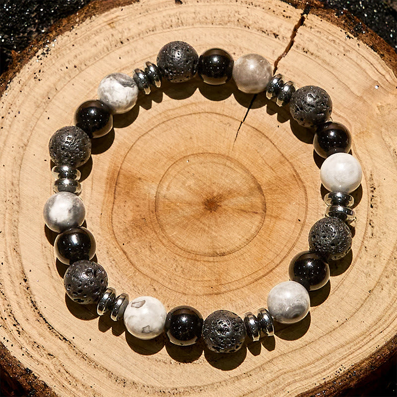 Olivenorma Tigerauge-Obsidian-Hämatit-Rollperlenarmband