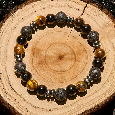 Olivenorma Tigerauge-Obsidian-Hämatit-Rollperlenarmband