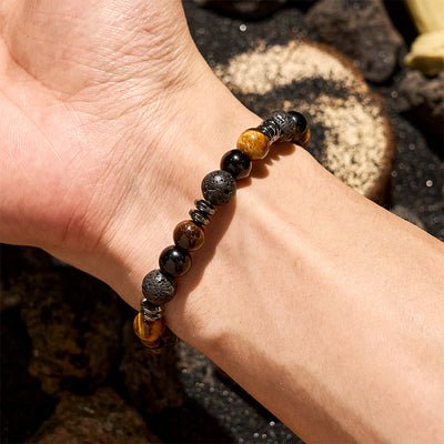 Olivenorma Tigerauge-Obsidian-Hämatit-Rollperlenarmband