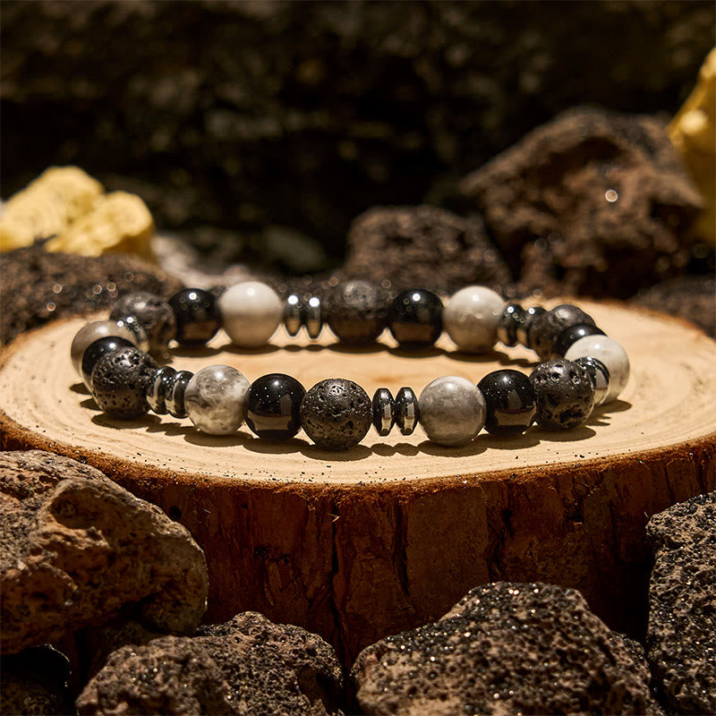 Olivenorma Tigerauge-Obsidian-Hämatit-Rollperlenarmband