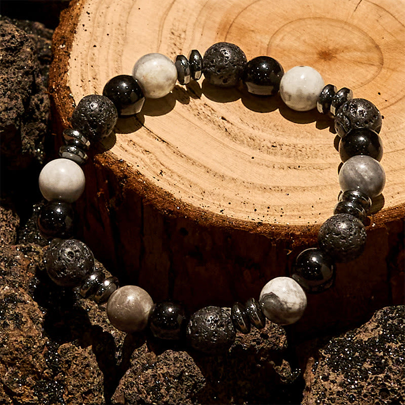 Olivenorma Tigerauge-Obsidian-Hämatit-Rollperlenarmband