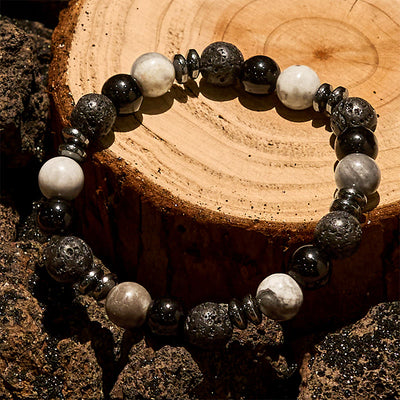 Olivenorma Tigerauge-Obsidian-Hämatit-Rollperlenarmband