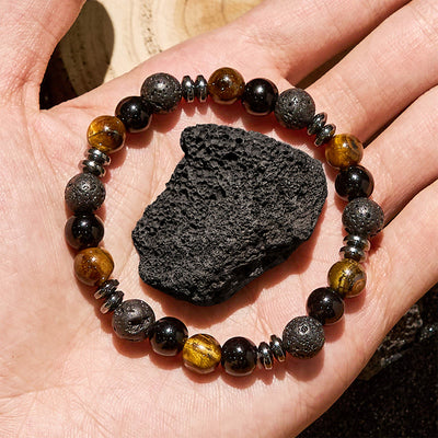 Olivenorma Tigerauge-Obsidian-Hämatit-Rollperlenarmband