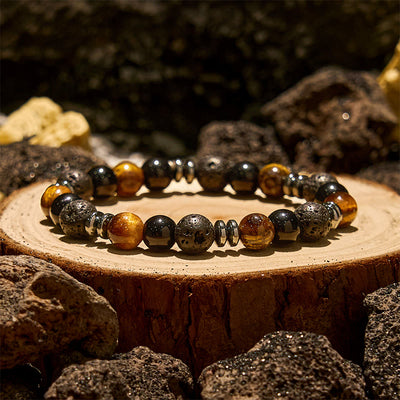 Olivenorma Tigerauge-Obsidian-Hämatit-Rollperlenarmband