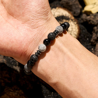 Olivenorma Tigerauge-Obsidian-Hämatit-Rollperlenarmband