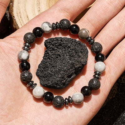 Olivenorma Tigerauge-Obsidian-Hämatit-Rollperlenarmband