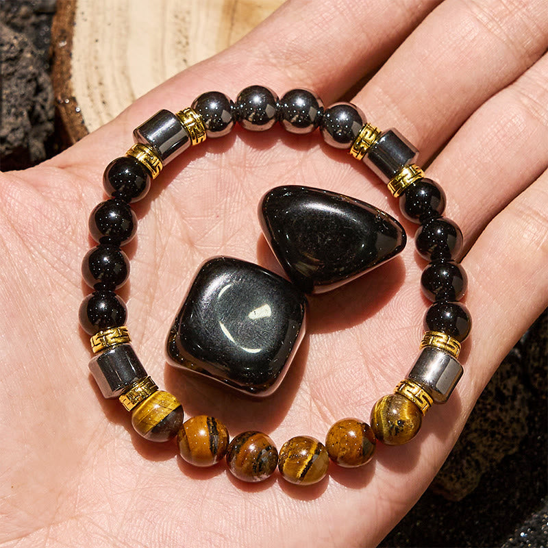 Olivenorma Armband mit blauen Tigeraugen-Obsidian-Hämatit-Perlen