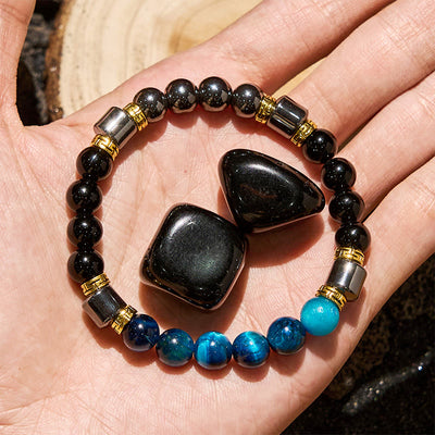 Olivenorma Armband mit blauen Tigeraugen-Obsidian-Hämatit-Perlen