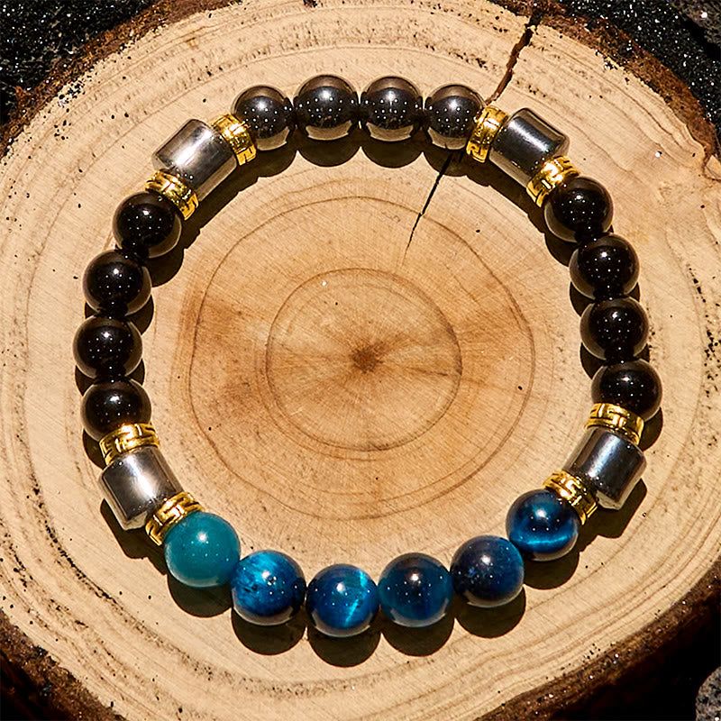 Olivenorma Armband mit blauen Tigeraugen-Obsidian-Hämatit-Perlen