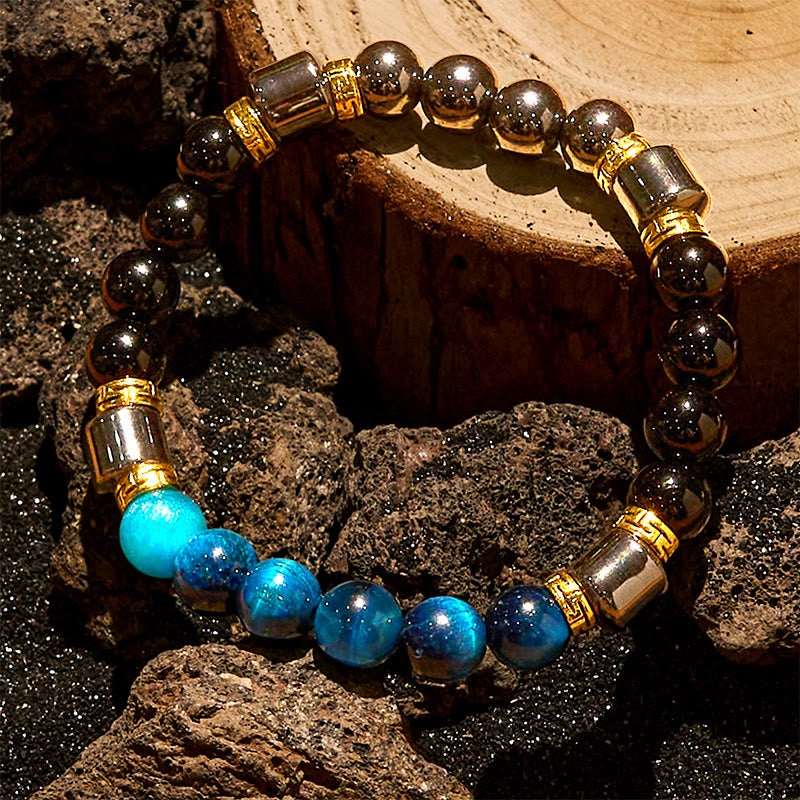 Olivenorma Armband mit blauen Tigeraugen-Obsidian-Hämatit-Perlen