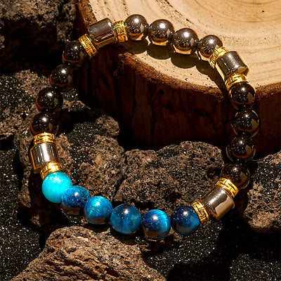 Olivenorma Armband mit blauen Tigeraugen-Obsidian-Hämatit-Perlen