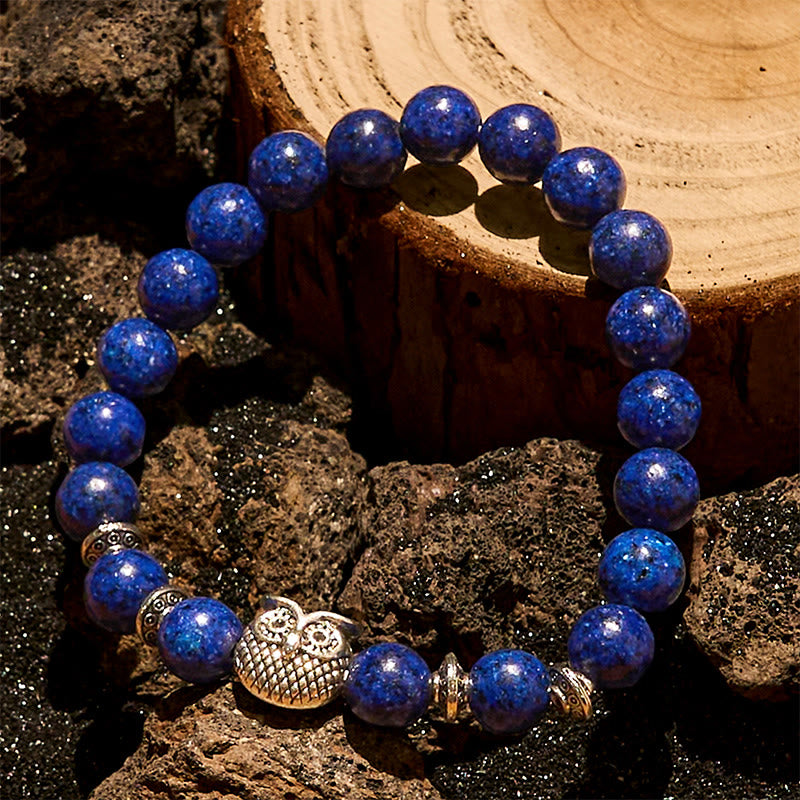 Olivenorma 8 mm großes Perlenarmband mit Eulenmotiv aus natürlichem Lapislazuli