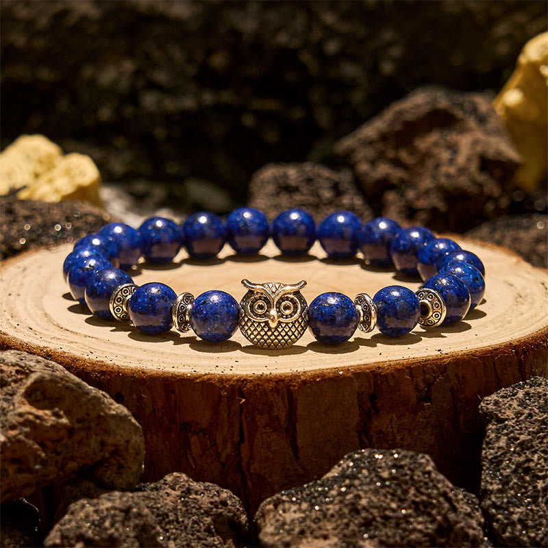 Olivenorma 8 mm großes Perlenarmband mit Eulenmotiv aus natürlichem Lapislazuli