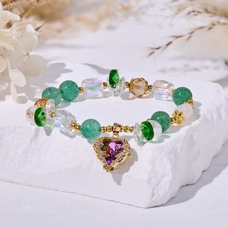 Olivenorma Armband mit Herzanhänger aus klarem Glas mit grünem Aventurin