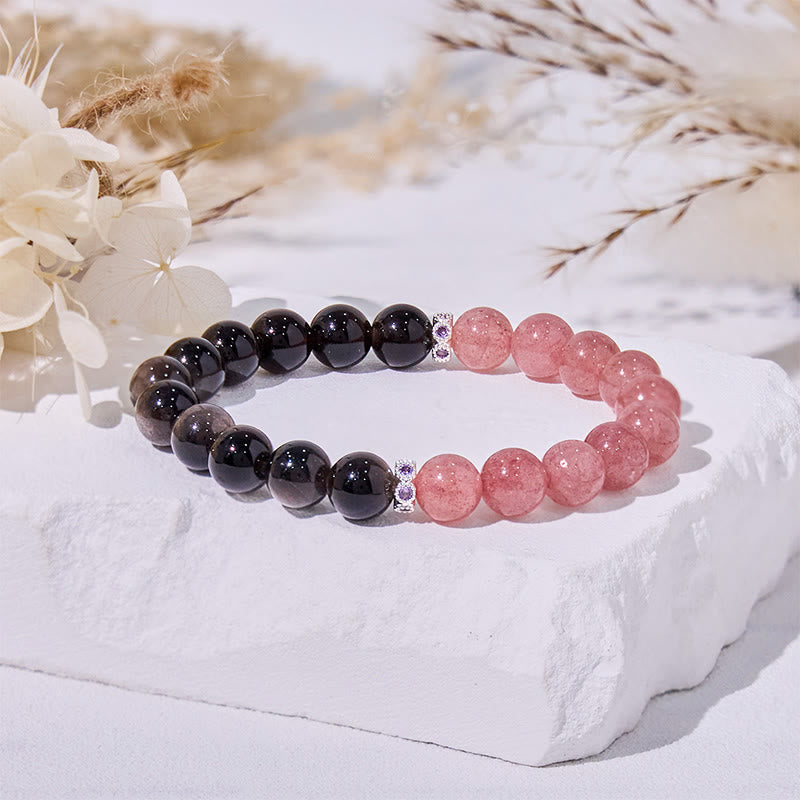 Olivenorma Erdbeerquarz Silber Obsidian Perlenarmband