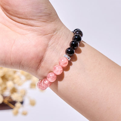 Olivenorma Erdbeerquarz Silber Obsidian Perlenarmband