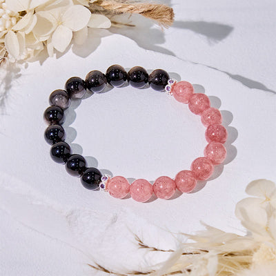 Olivenorma Erdbeerquarz Silber Obsidian Perlenarmband