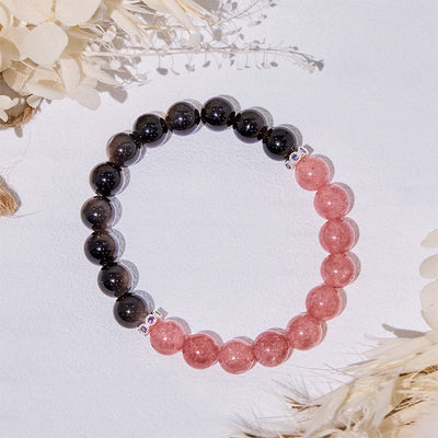 Olivenorma Erdbeerquarz Silber Obsidian Perlenarmband