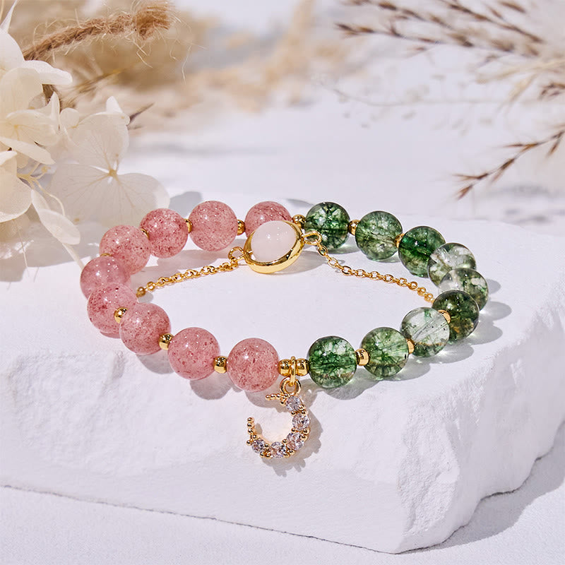 Olivenorma Armband mit Perlen aus grünem Phantomquarz und Erdbeerquarz