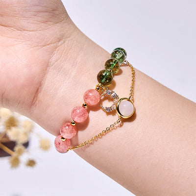 Olivenorma Armband mit Perlen aus grünem Phantomquarz und Erdbeerquarz