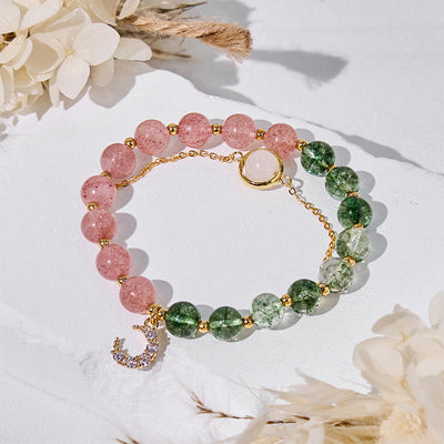 Olivenorma Armband mit Perlen aus grünem Phantomquarz und Erdbeerquarz