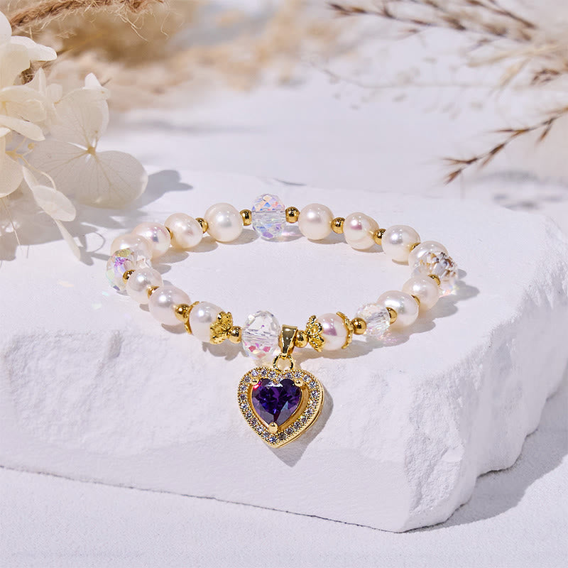 Olivenorma Armband mit Süßwasserperlen und Herz-Amethyst-Anhänger