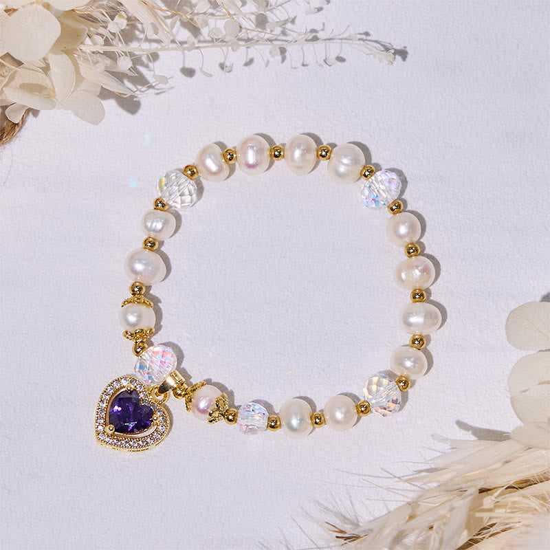 Olivenorma Armband mit Süßwasserperlen und Herz-Amethyst-Anhänger