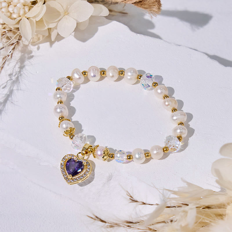 Olivenorma Armband mit Süßwasserperlen und Herz-Amethyst-Anhänger