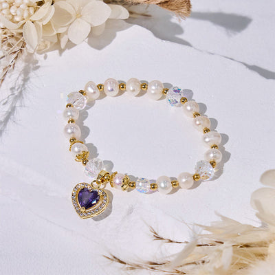 Olivenorma Armband mit Süßwasserperlen und Herz-Amethyst-Anhänger