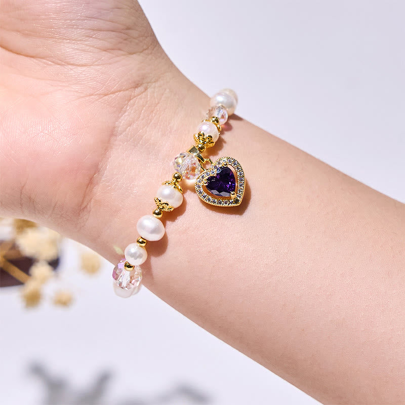 Olivenorma Armband mit Süßwasserperlen und Herz-Amethyst-Anhänger